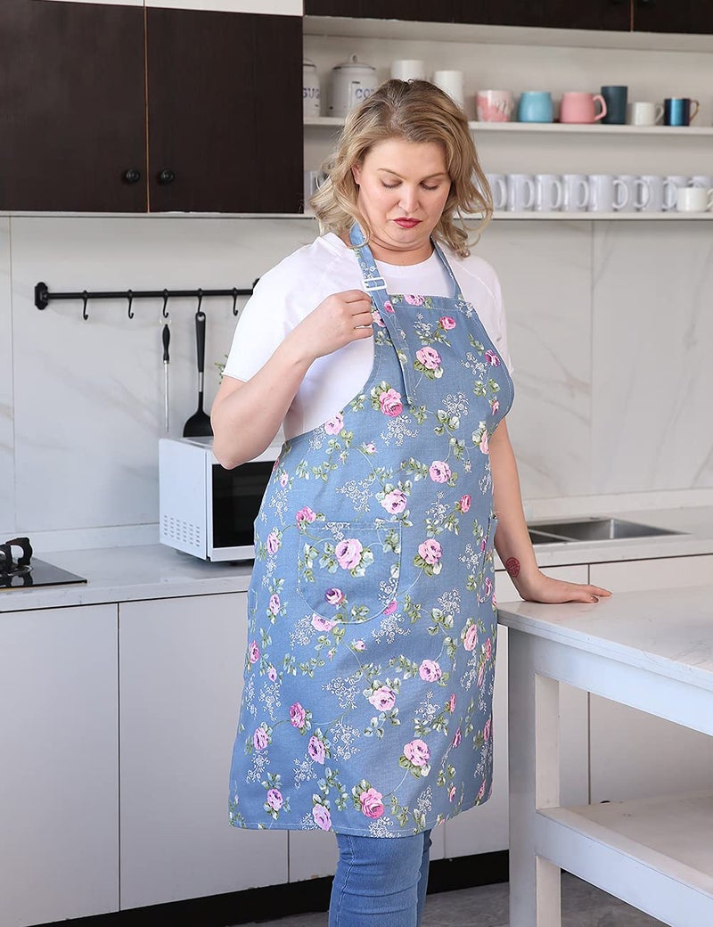 APRONNER Cotton Linen Baking Plus Size Aprons for Women with Pockets Kitchen Cooking 2X-3X Blue Flowers - Image 4