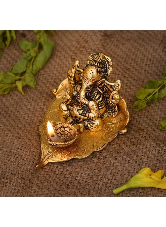 Collectible India Collectible India Return Gift Ganesh Idol on Leaf - Lord Ganesha with Diya - Metal Diya for Diwali Decoration Items Home Decorative Gift Puja Gifts Corporate, Diwali Gift Item - Image 1