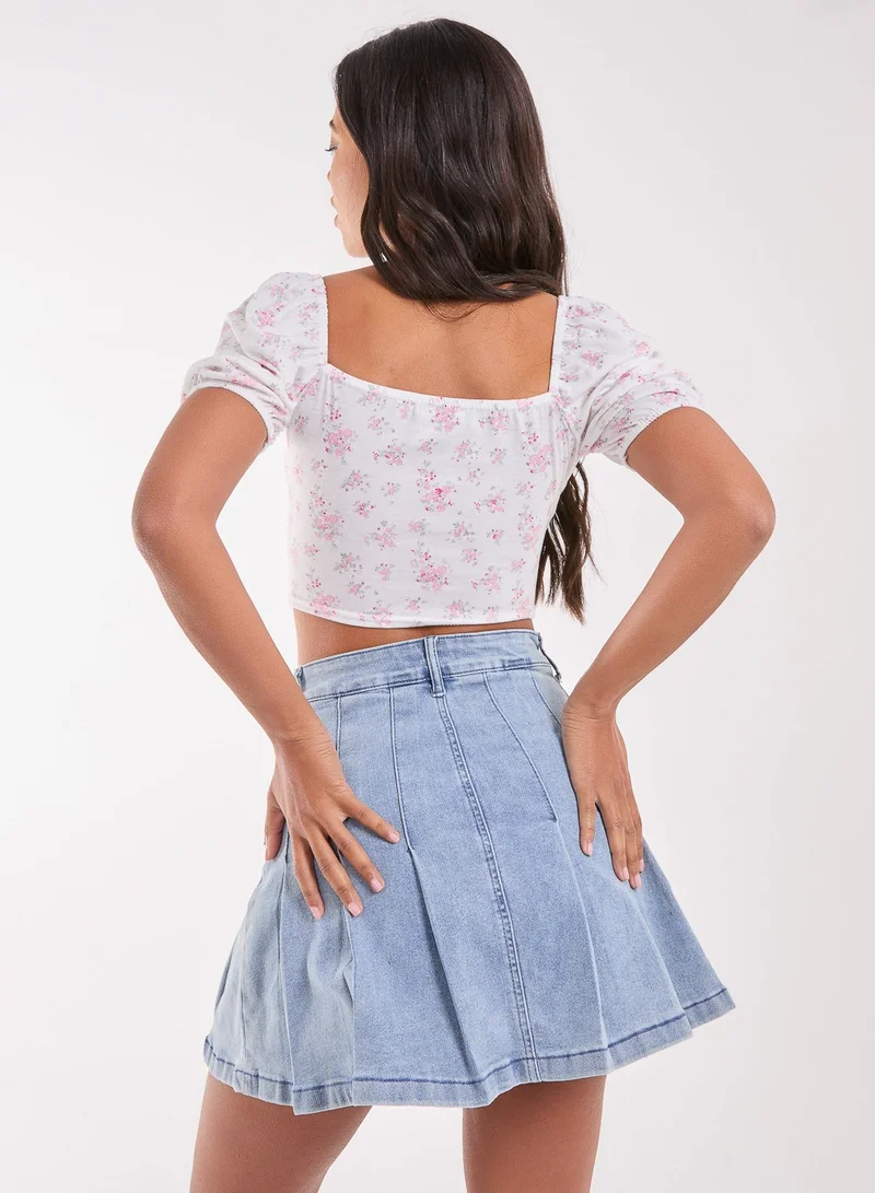 Pink Vanilla Floral Puff Sleeve Crop Top