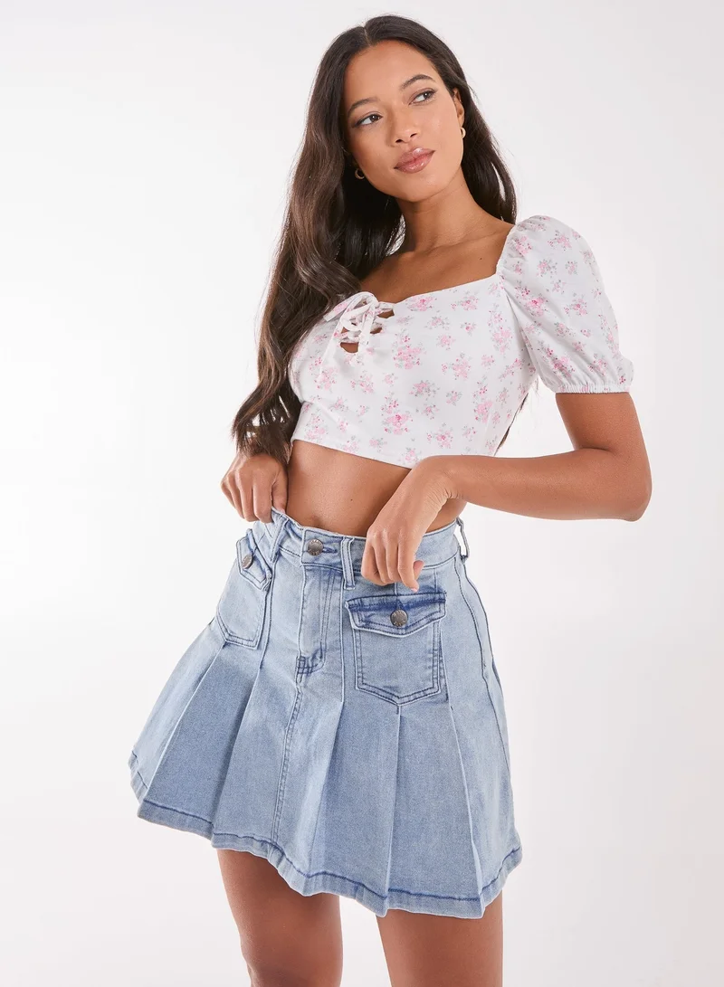 Pink Vanilla Floral Puff Sleeve Crop Top