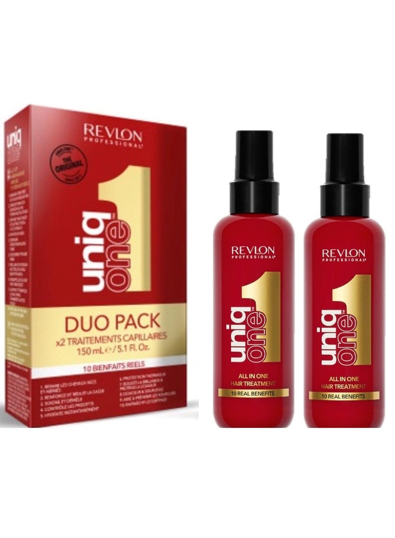 ريفلون مجموعة ديو كلاسيكية لعلاج الشعر من يونيك ون، بخاخ علاجي لمزيد من الكثافة والنعومة وسهولة تمشيط الشعر، عناية بالشعر بدون شطف، يساعد على منع تقصف الأطراف، 2 × 150 مل - Image 1
