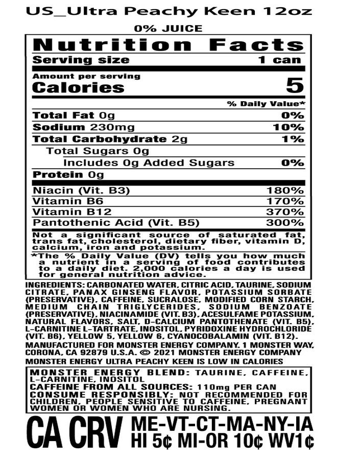 Monster Energy Ultra Peachy Keen, Sugar Free Energy Drink, 16 Ounce (Pack of 4) - Image 3