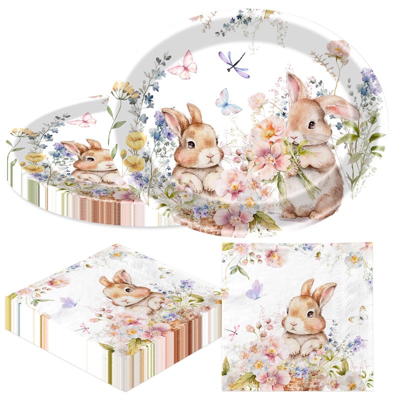 TEMYAXU 100Pcs Easter Plates, Easter Plates and Napkins includes 50pcs Oval Easter Paper Plates and Easter Napkins, Bunny Rabbit Disposable Easter Plate and Napkin for Happy Eater Decorations - Image 1