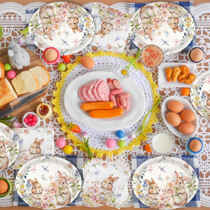 TEMYAXU 100Pcs Easter Plates, Easter Plates and Napkins includes 50pcs Oval Easter Paper Plates and Easter Napkins, Bunny Rabbit Disposable Easter Plate and Napkin for Happy Eater Decorations - Image 2
