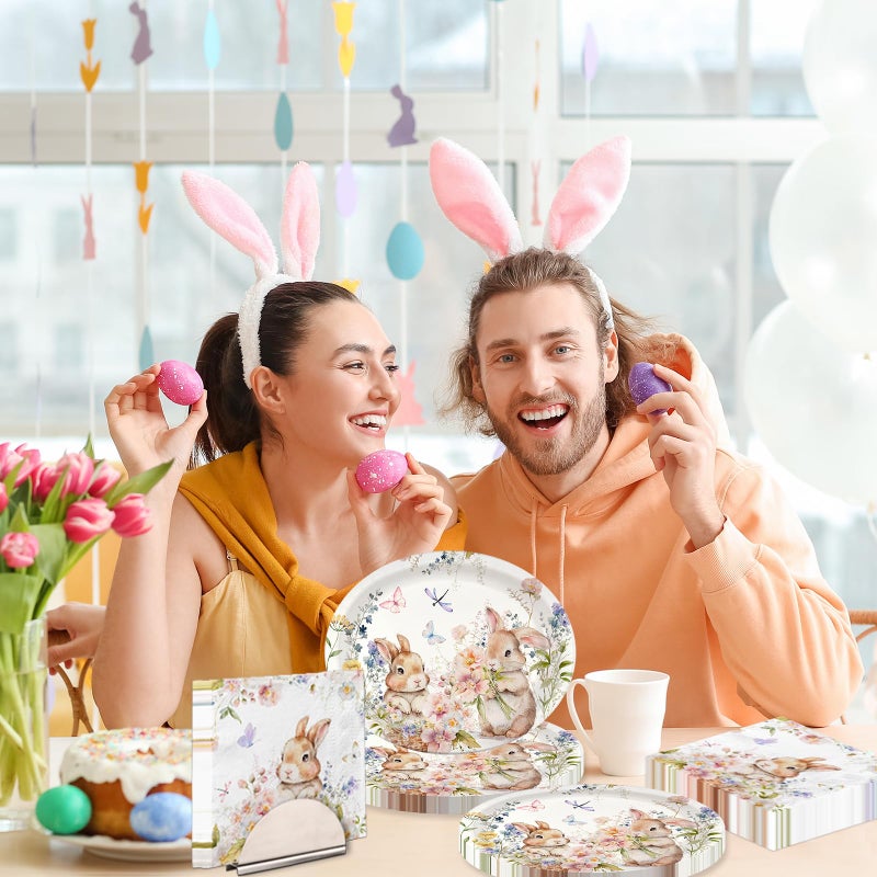TEMYAXU 100Pcs Easter Plates, Easter Plates and Napkins includes 50pcs Oval Easter Paper Plates and Easter Napkins, Bunny Rabbit Disposable Easter Plate and Napkin for Happy Eater Decorations - Image 4