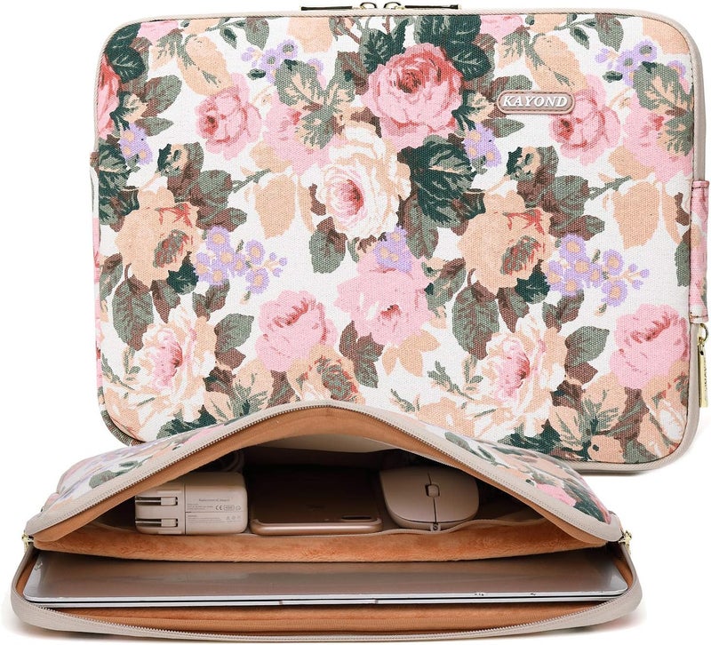 KAYOND White Camellia Water-resistant 14 inch Canvas laptop sleeve with pocket for 14 inch 14.1 inch laptop case Macbook Pro 15.4 A1707 A1990 (14-14.1 White Camellia) - Image 1