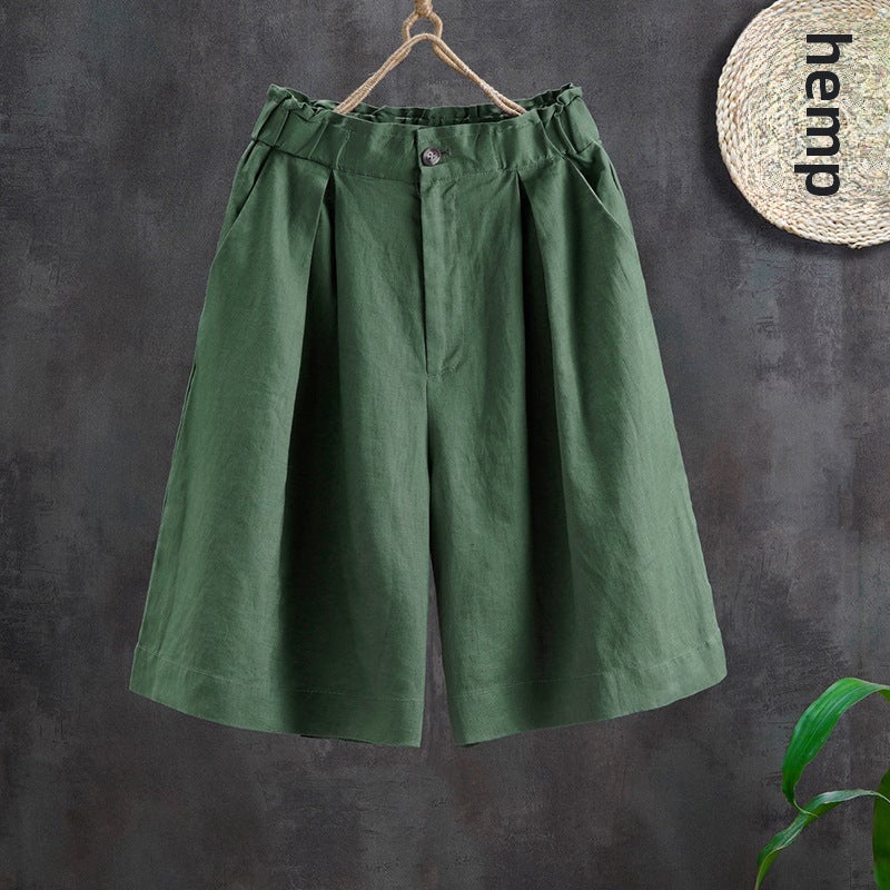 Cotton Linen Wide Leg Shorts Women Summer Loose 2024 New Thin High Waist Casual Pants Versatile Apple Green - Image 1
