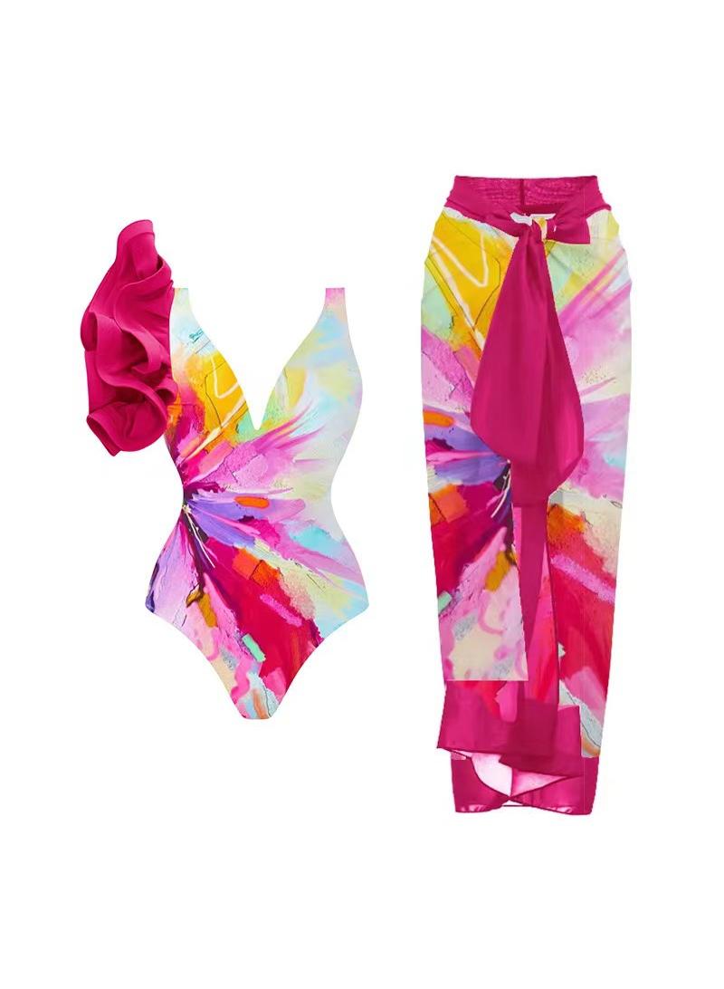 Y&D 2-Piece Women Single Shoulder Lotus Leaf Edge Printed Swimsuit With Skirt Holiday Beach Dress Female Retro Swimwear Vintage Surf Wear Summer  - Image 1