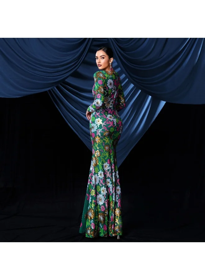 Madam Uniq Elegant Long Sleeve Embroidered Sequin Evening Gown