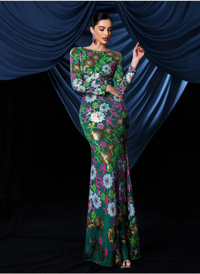 Madam Uniq Elegant Long Sleeve Embroidered Sequin Evening Gown
