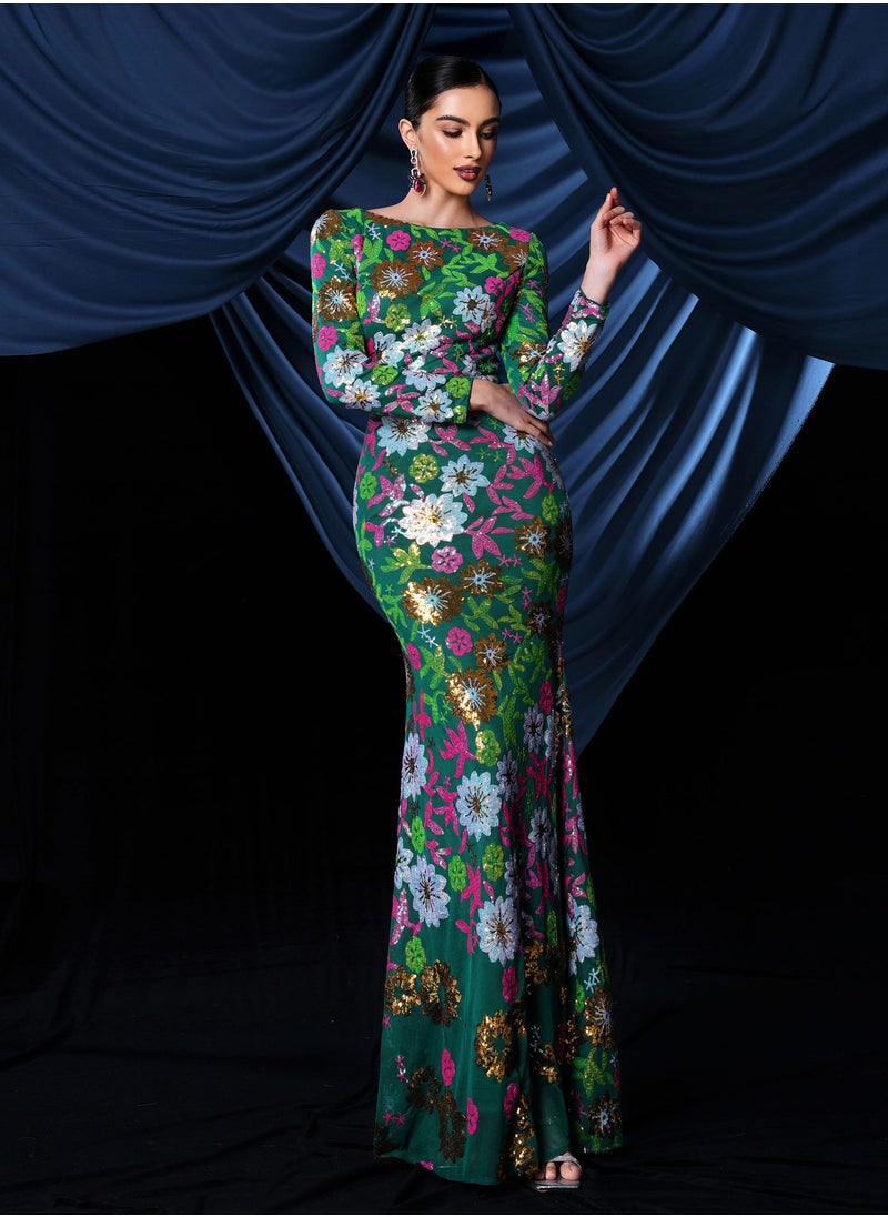 Madam Uniq Floral Sequin Evening Dress  - Image 1