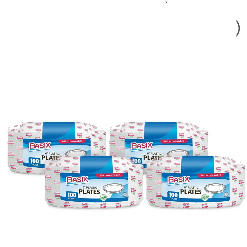 Basix [400 Count Disposable 6 inch White Plastic Appetizer Plates  Microwavable  Great For Events  Home  Office  Wedding  Parties  or Everyday Use  4 Packs - Image 1