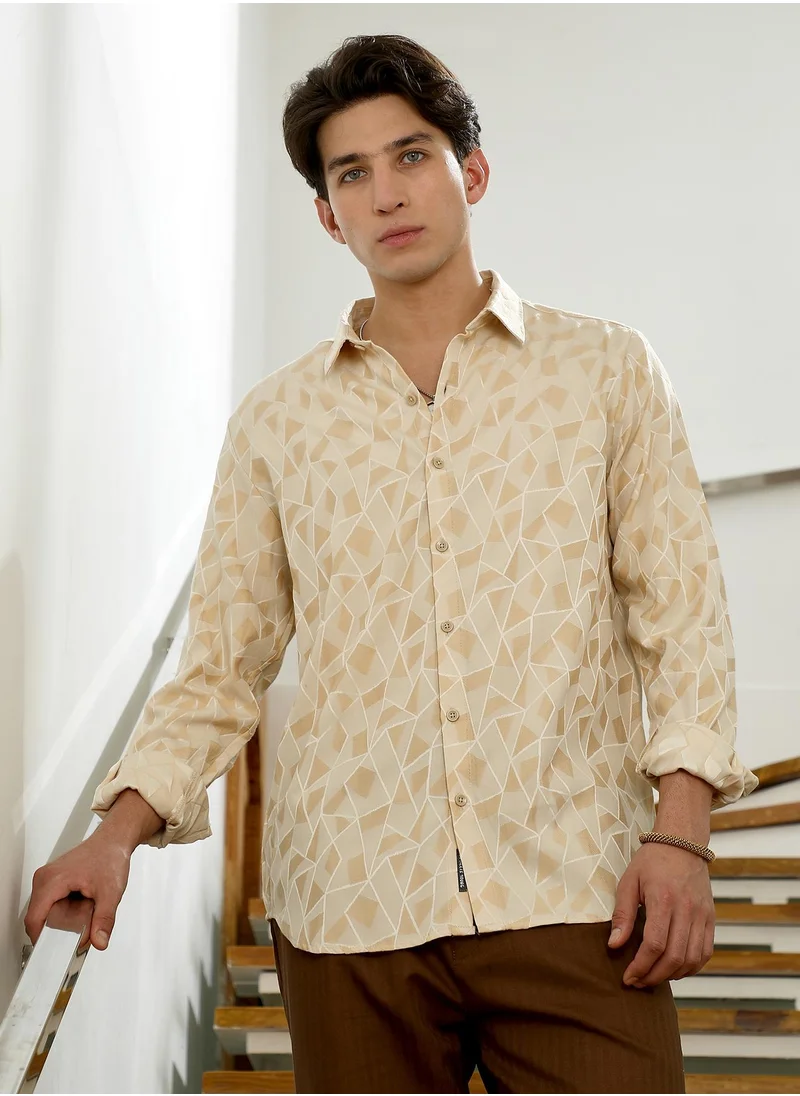 كامبوس سوترا Men's Beige Geometric Pattern Cotton Blend Full Sleeve Shirt