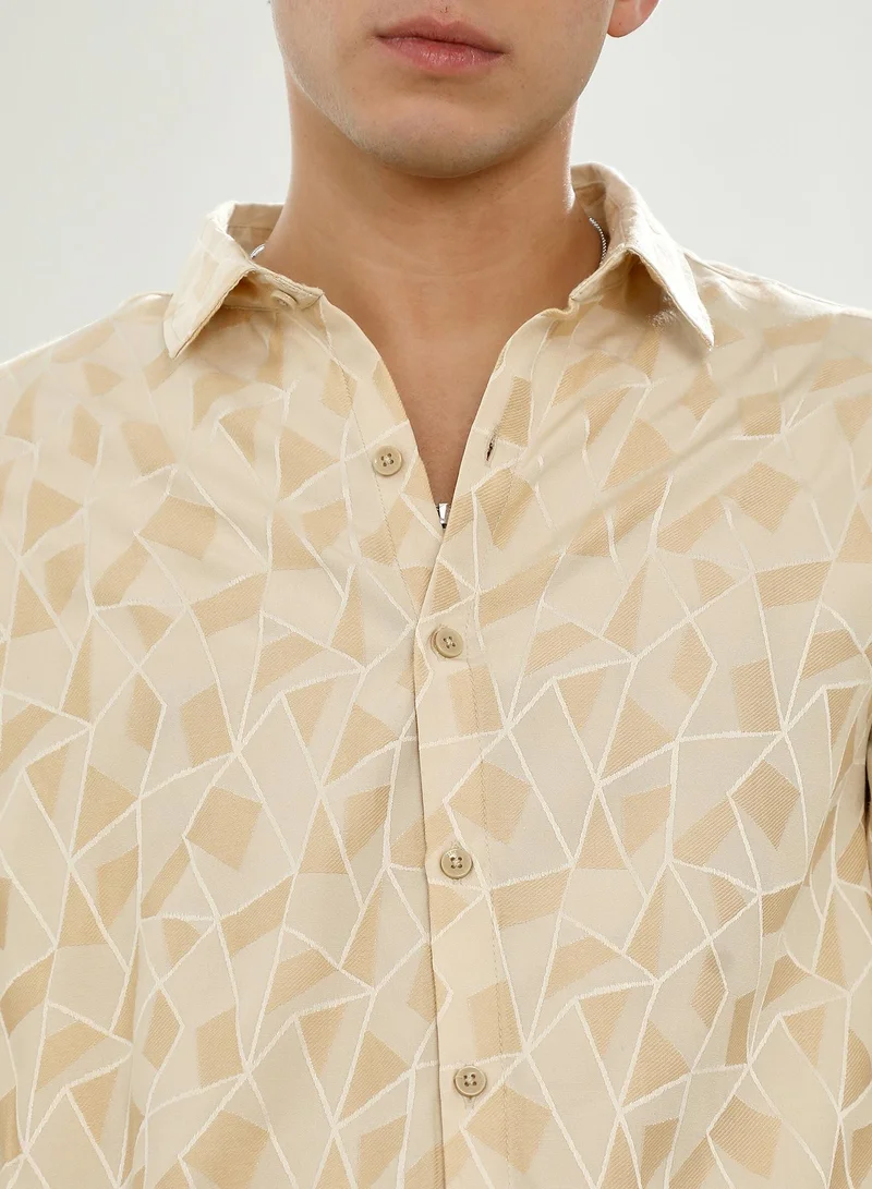 Campus Sutra Men's Beige Geometric Pattern Cotton Blend Full Sleeve Shirt