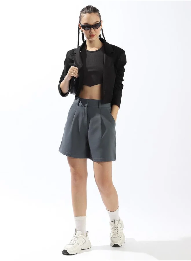 Hubberholme Women's Charcoal Polyester Blend Solid Cropped Casual Tailored Fit Shorts
