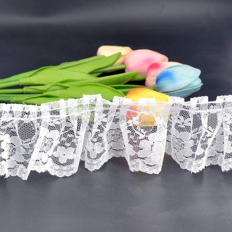 Kuasting 11 Yards Vintage Lace Pleated Fabric Trimming Ruffle Fabric Embroidered Sewing Lace Trim Wedding Bridal Dress Appliques Patches & Handmade DIY Sewing (White) - Image 3