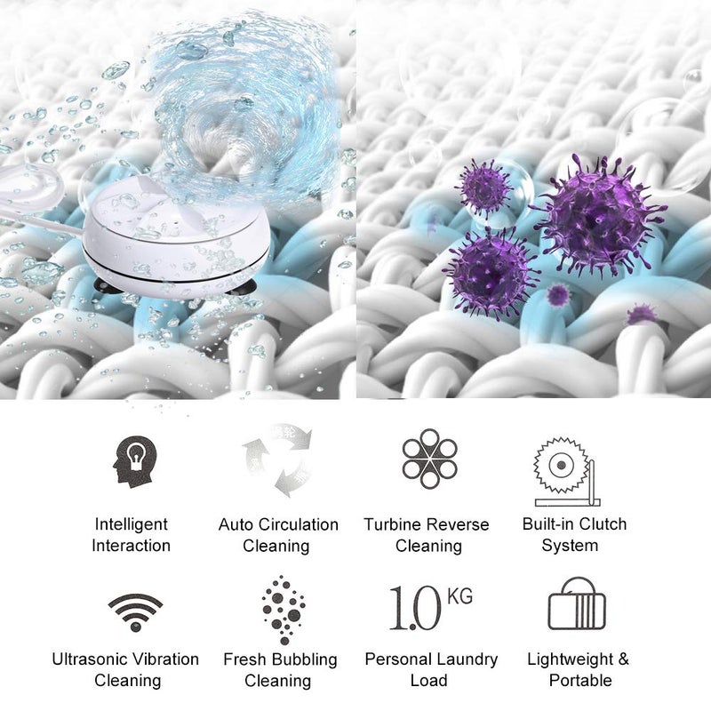 Lixada 2in1 Mini Washing Machine Portable Personal Rotating Ultrasonic Turbine Washer with USB Cable Convenient for Travel Home Business Trip (B) - Image 2