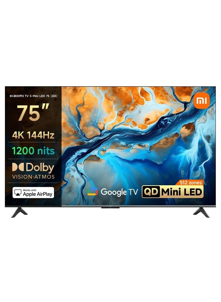 Xiaomi TV S Mini LED 75" 2025 | Bright 4K QD-MiniLED display with accurate color | 144Hz refresh rate | Premium metal finish with ultra slim-bezel design | Powerful AI engine for image enhancement
