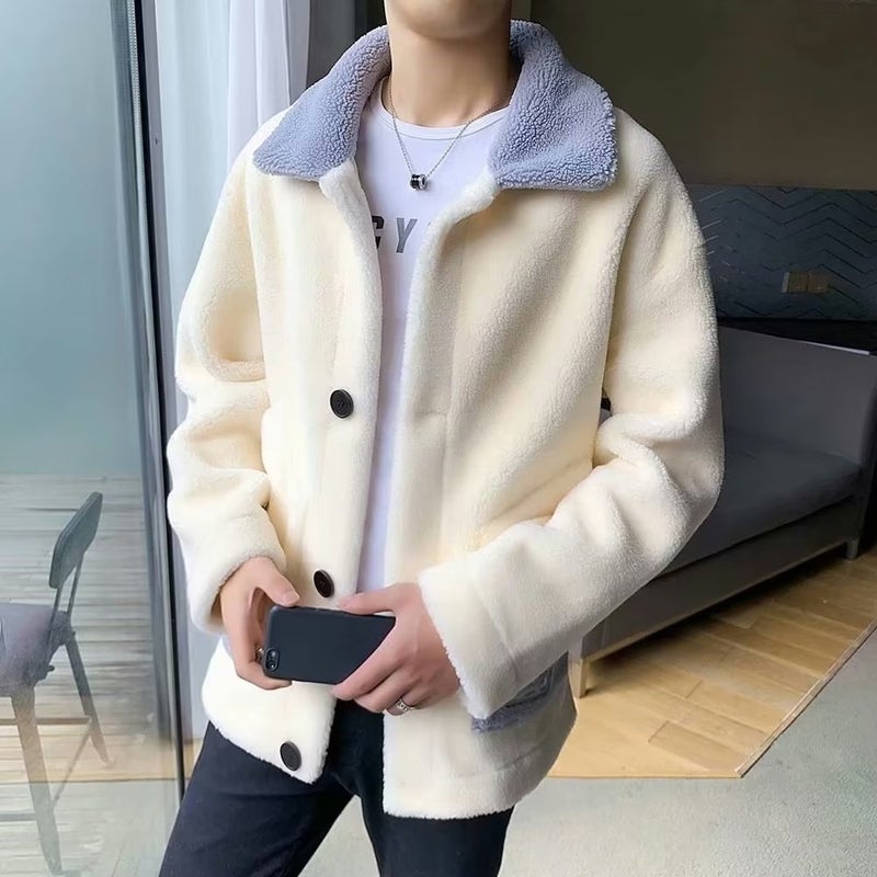 Womens Plush Fleece Jacket Autumn Winter Korean Loose Fit Warm Creamy-white 