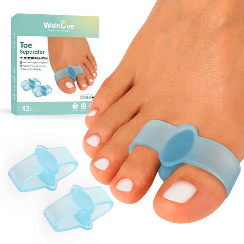 Welnove Pack of 12 Bunion Corrector Toe Separators with 2 Loops Big Toe Spacer Suitable for Bunion and Overlap Toe Blue