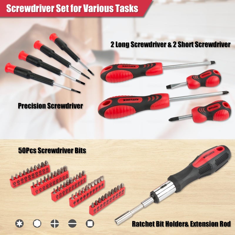 KITLUCK 228-piece Home Tool Kit, Household Hand Repair Tool Set for men, Portable Tool box Set with Tools (Screwdriver, Wrench, Plier, Socket, Harmer, Hex Key, Rule, Saw, Knife, etc.) for Home and Car - Image 5