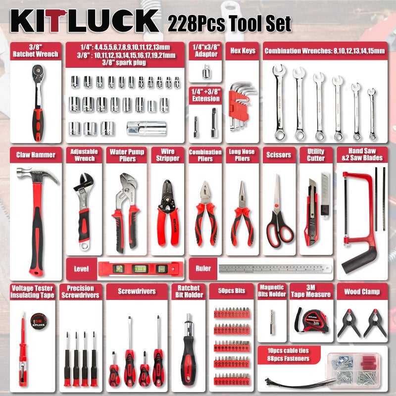 KITLUCK 228-piece Home Tool Kit, Household Hand Repair Tool Set for men, Portable Tool box Set with Tools (Screwdriver, Wrench, Plier, Socket, Harmer, Hex Key, Rule, Saw, Knife, etc.) for Home and Car - Image 2