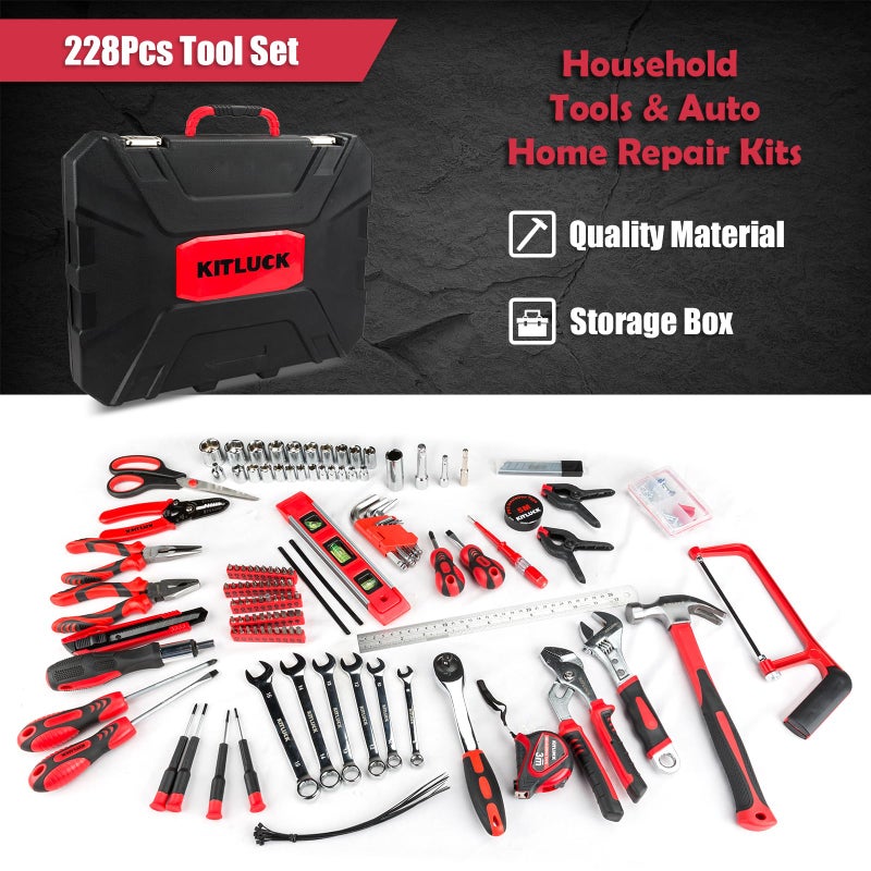 KITLUCK 228-piece Home Tool Kit, Household Hand Repair Tool Set for men, Portable Tool box Set with Tools (Screwdriver, Wrench, Plier, Socket, Harmer, Hex Key, Rule, Saw, Knife, etc.) for Home and Car - Image 3