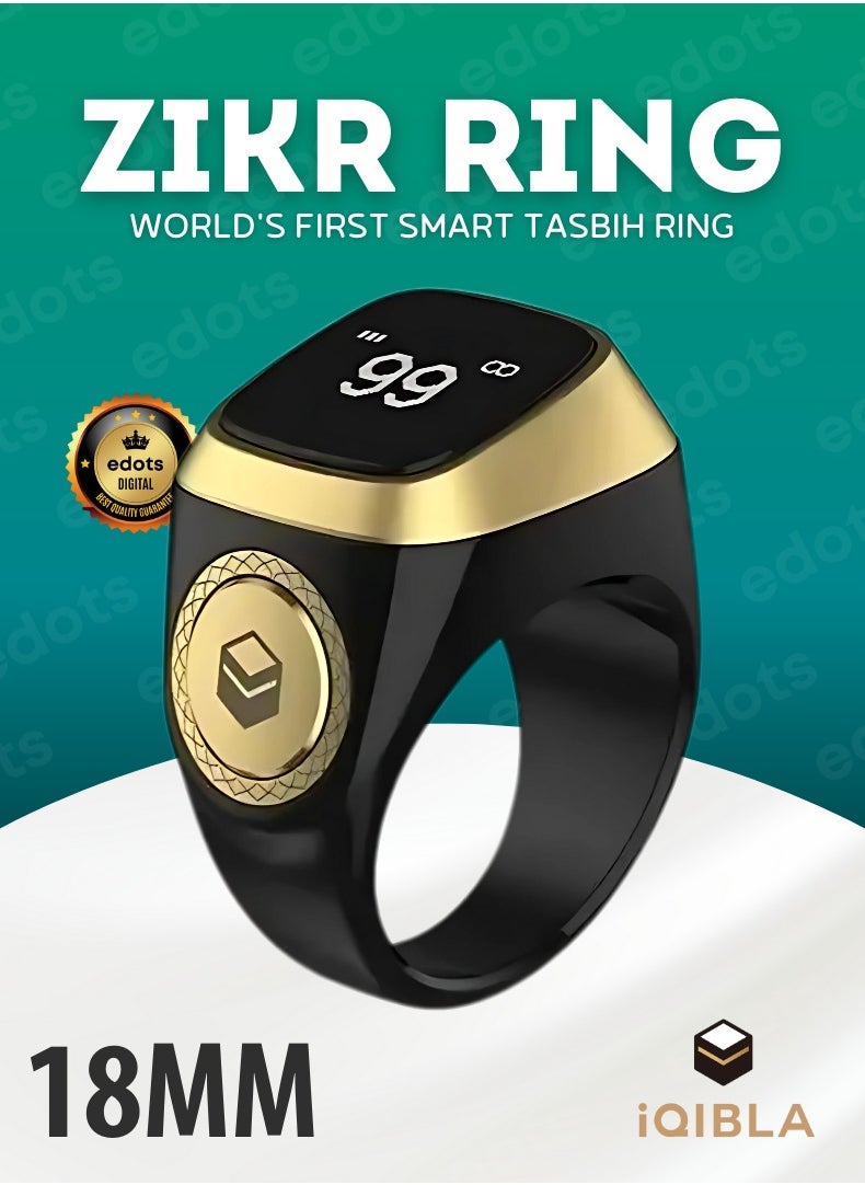 iQIBLA Smart Zikr Ring | 18MM Prayer Counter, Tasbih Counter & Muslim Prayer Time Reminder | Waterproof Wearable Technology | Black and Gold  - Image 1