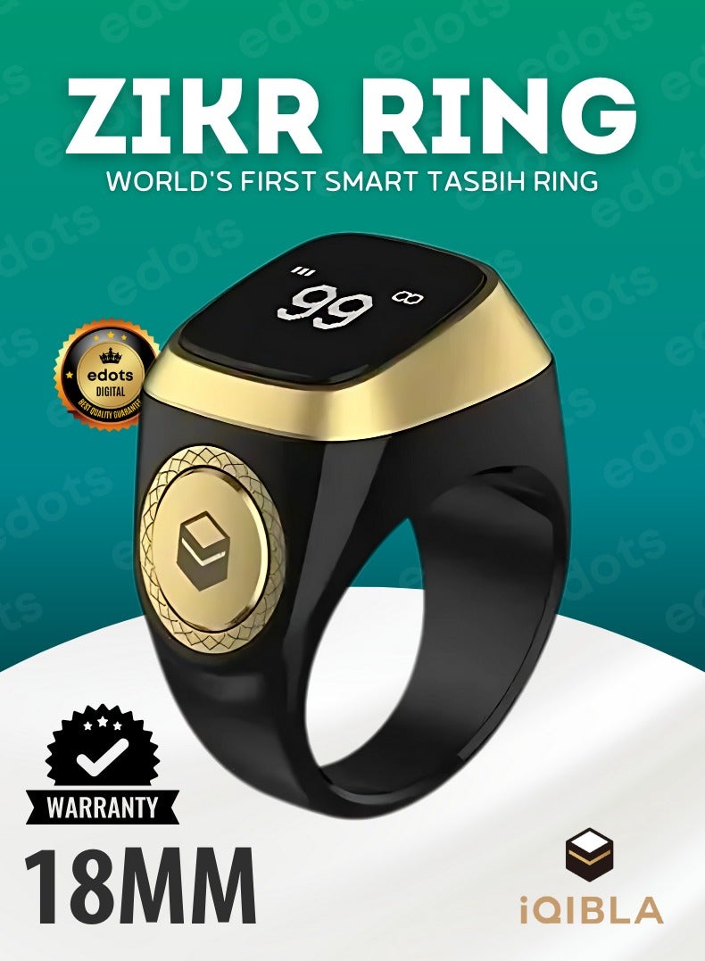 iQIBLA Smart Zikr Ring | Lite | 18MM Prayer Counter, Tasbih Counter & Muslim Prayer Time Reminder | Waterproof Wearable Technology | Black and Gold - Image 1