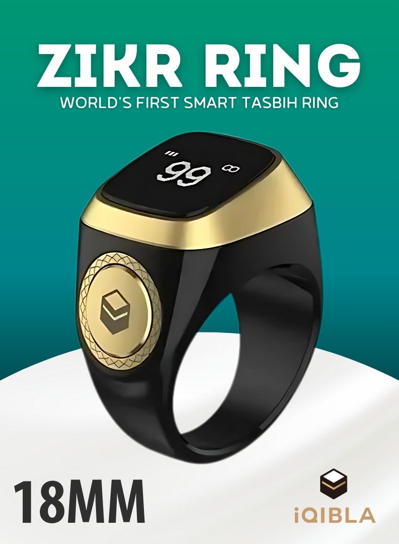 iQIBLA Smart Zikr Ring | Lite | 18MM Prayer Counter, Tasbih Counter & Muslim Prayer Time Reminder | Waterproof Wearable Technology | Black and Gold