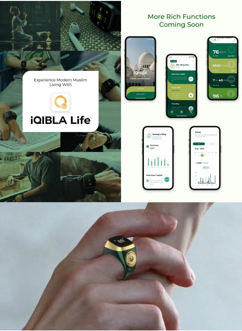 iQIBLA Smart Zikr Ring | 18MM Prayer Counter, Tasbih Counter & Muslim Prayer Time Reminder | Waterproof Wearable Technology | Black and Gold  - Image 5