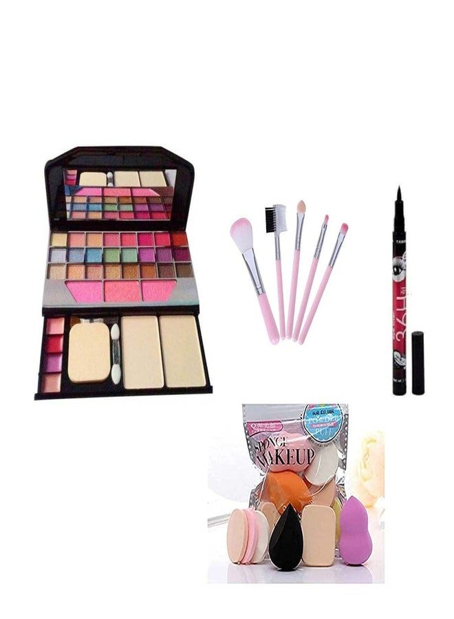 Women's & Girl's TYA Fashion 6155 Multicolour Makeup Kit and 5 Pink Makeup Brushes Set, 6 Sponges Pack and 1 36H Waterproof Liquid Eyeliner - (Pack of 13) - Image 1
