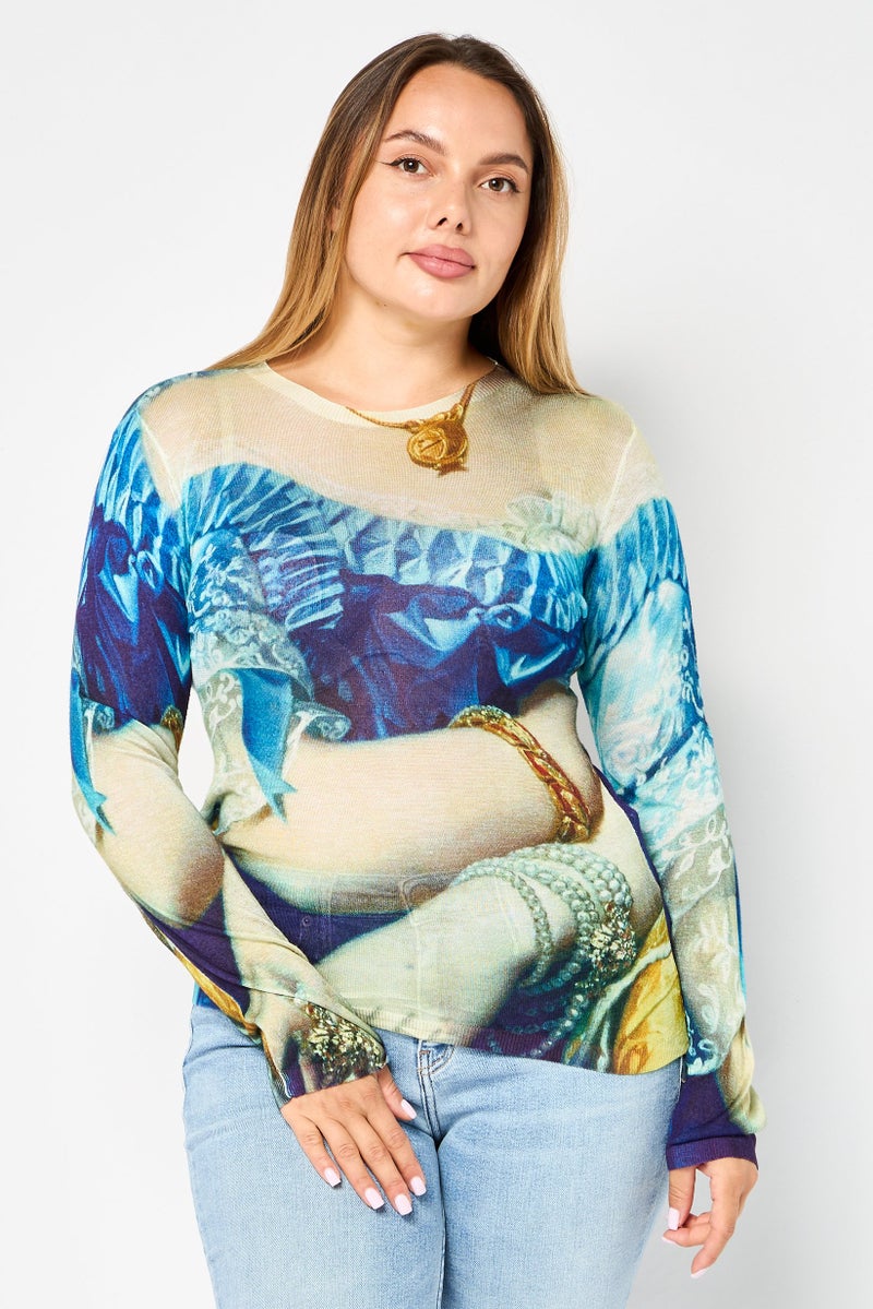 DESIGUAL Women Round Neck Long Sleeve Allover Print Top, Multicolor - Image 1