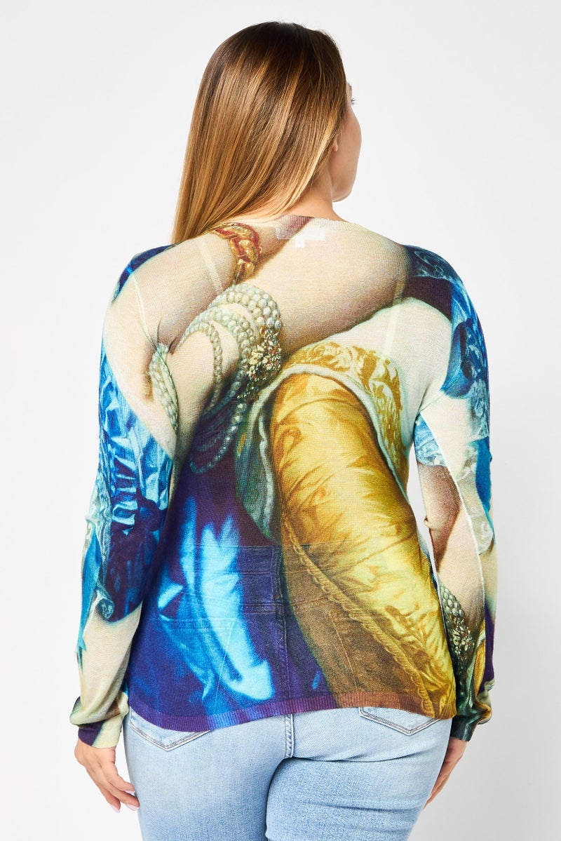 DESIGUAL Women Round Neck Long Sleeve Allover Print Top, Multicolor - Image 4