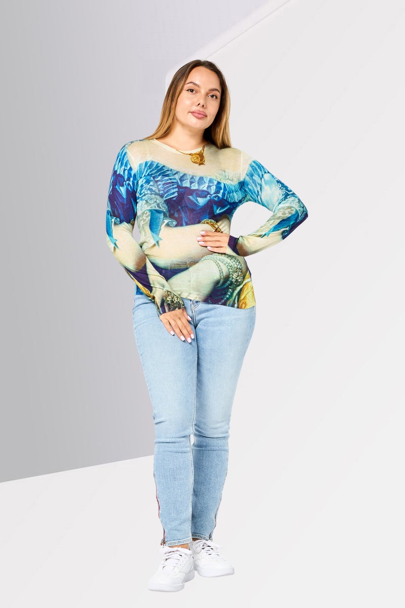 DESIGUAL Women Round Neck Long Sleeve Allover Print Top, Multicolor - Image 2