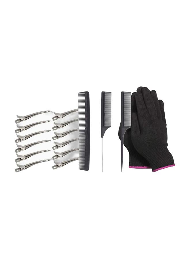 3 Piece Heat Resistant Anti-Static Hair Comb Set, Edge Control Hair Comb, Rat Tail Comb for Barbers, Men, Women, and Kids & 2 Pieces Heat Resistant Gloves and Hand Protection & 12-piece Rustproof Metal Alligator Curl Clips with Holes SillverBundle - Image 1