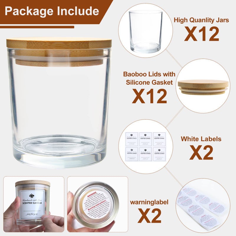 CONNOO 12Pack 10 OZ Clear Glass Candle Jars with Bamboo Lids for Making Candles, Large Size Empty Candle Tins with Wooden Lids, Bulk Clean Candle Containers - Dishwasher Safe - Image 3