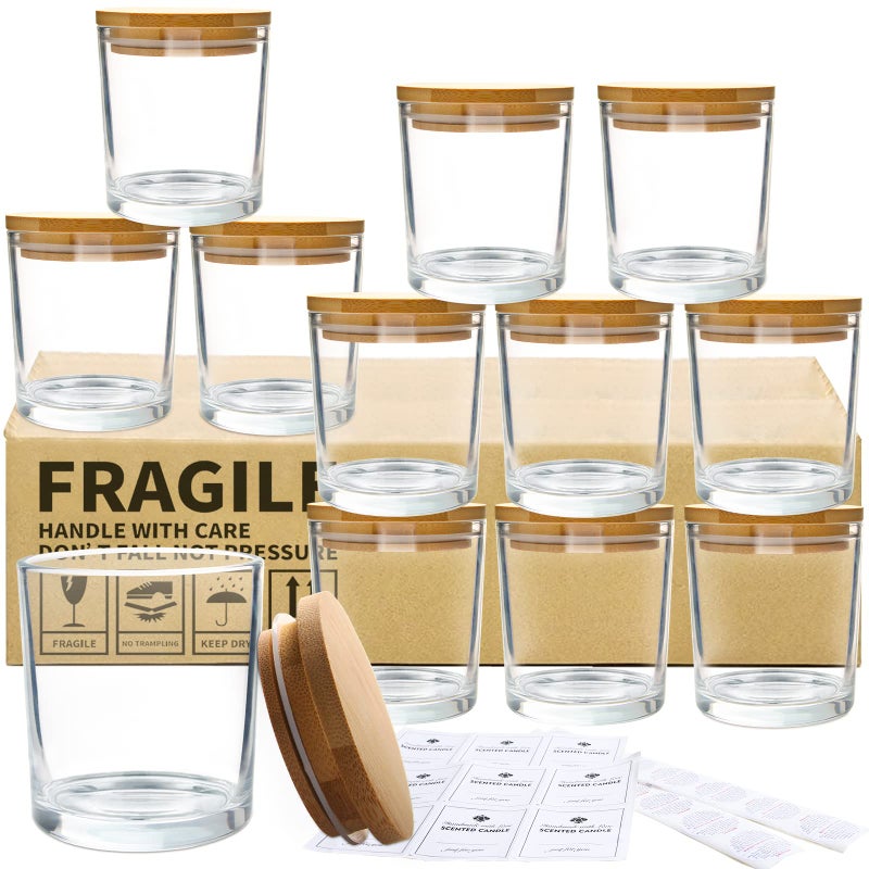 CONNOO 12Pack 10 OZ Clear Glass Candle Jars with Bamboo Lids for Making Candles, Large Size Empty Candle Tins with Wooden Lids, Bulk Clean Candle Containers - Dishwasher Safe - Image 1