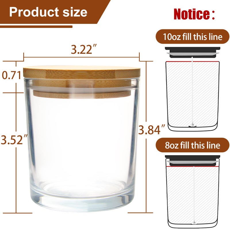 CONNOO 12Pack 10 OZ Clear Glass Candle Jars with Bamboo Lids for Making Candles, Large Size Empty Candle Tins with Wooden Lids, Bulk Clean Candle Containers - Dishwasher Safe - Image 2