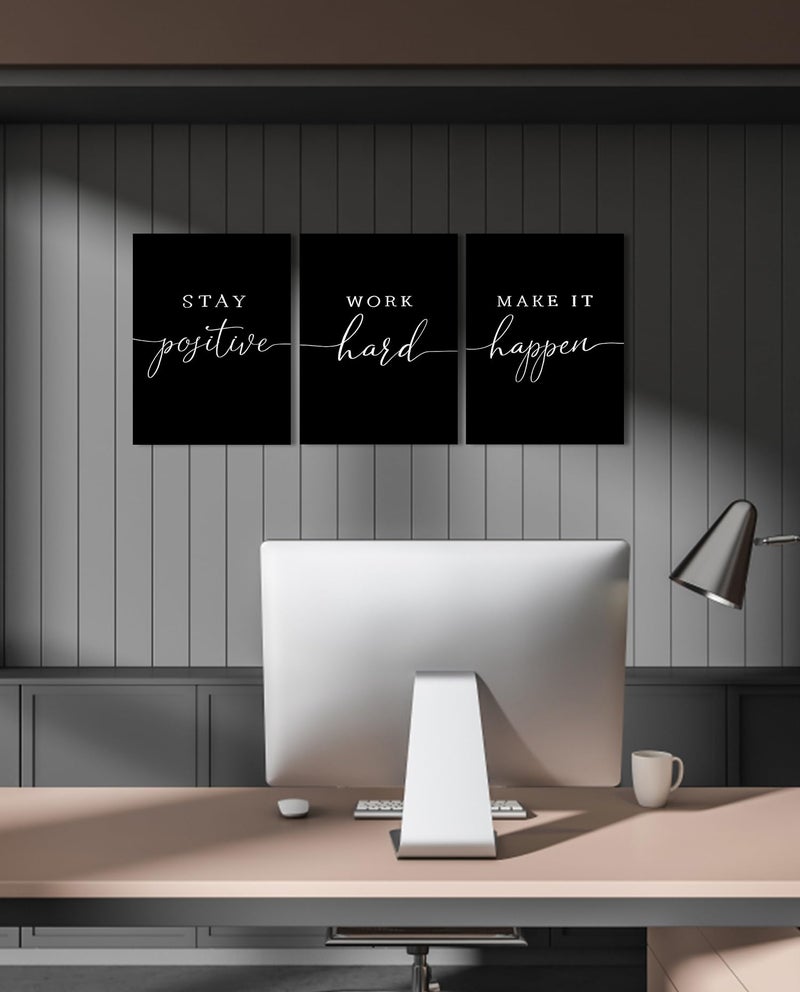 1 KINGO Motivational Wall Art Office Decor: 3 Piece Positive Quotes Wall Decor for Office,Stay Positive Work Hard Make It Happen Wall Art Office Pictures Inspirational Posters Black Art Wall Decor 12" x 16" - Image 5