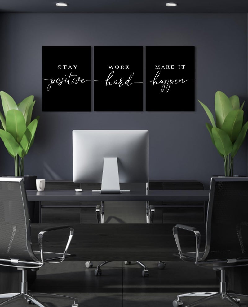 1 KINGO Motivational Wall Art Office Decor: 3 Piece Positive Quotes Wall Decor for Office,Stay Positive Work Hard Make It Happen Wall Art Office Pictures Inspirational Posters Black Art Wall Decor 12" x 16" - Image 4