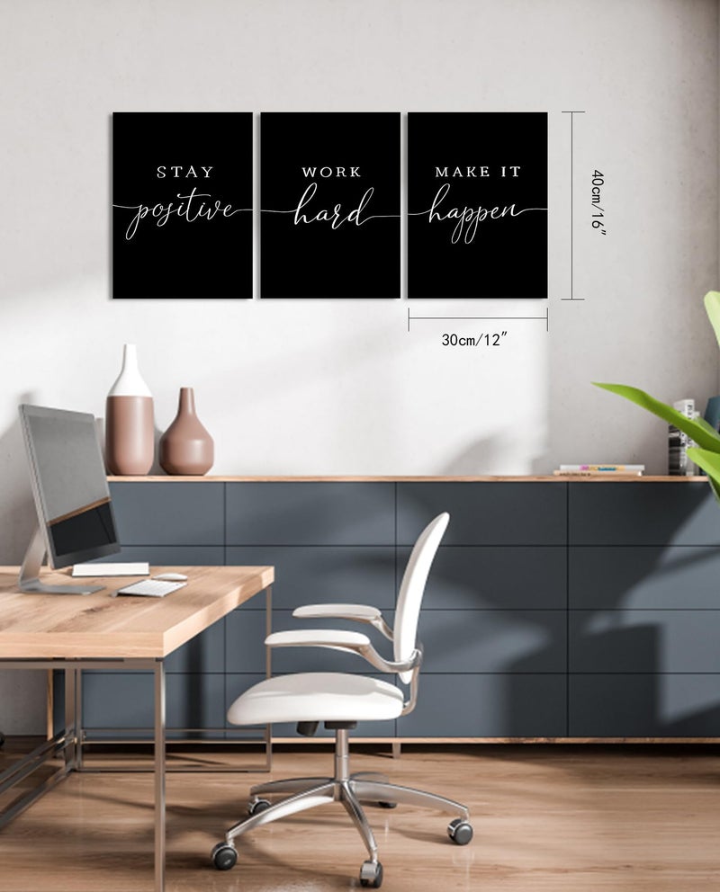 1 KINGO Motivational Wall Art Office Decor: 3 Piece Positive Quotes Wall Decor for Office,Stay Positive Work Hard Make It Happen Wall Art Office Pictures Inspirational Posters Black Art Wall Decor 12" x 16" - Image 2
