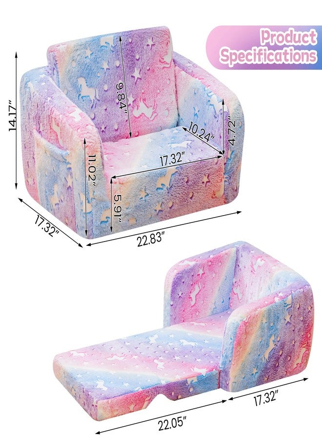 أريكة لاميرج 2 في 1 ناعمة قابلة للطي للأطفال الصغار، كرسي قابل للطي للأطفال الصغار، أريكة مضيئة في الظلام للأطفال لغرفة اللعب، وسادة إسفنجية ووسادة أرضية قابلة للتحويل للأولاد والبنات (قوس قزح وحيد القرن) - Image 2