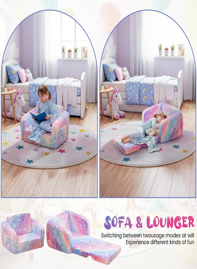 أريكة لاميرج 2 في 1 ناعمة قابلة للطي للأطفال الصغار، كرسي قابل للطي للأطفال الصغار، أريكة مضيئة في الظلام للأطفال لغرفة اللعب، وسادة إسفنجية ووسادة أرضية قابلة للتحويل للأولاد والبنات (قوس قزح وحيد القرن) - Image 5