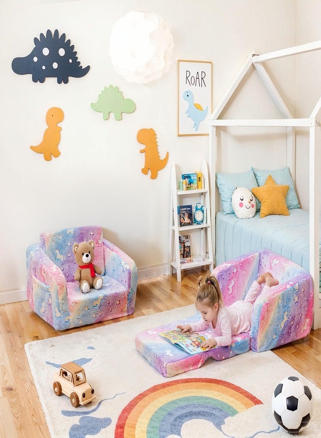 أريكة لاميرج 2 في 1 ناعمة قابلة للطي للأطفال الصغار، كرسي قابل للطي للأطفال الصغار، أريكة مضيئة في الظلام للأطفال لغرفة اللعب، وسادة إسفنجية ووسادة أرضية قابلة للتحويل للأولاد والبنات (قوس قزح وحيد القرن) - Image 3