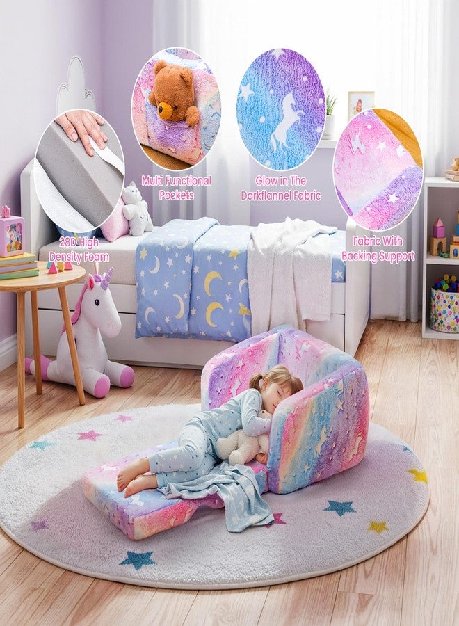 أريكة لاميرج 2 في 1 ناعمة قابلة للطي للأطفال الصغار، كرسي قابل للطي للأطفال الصغار، أريكة مضيئة في الظلام للأطفال لغرفة اللعب، وسادة إسفنجية ووسادة أرضية قابلة للتحويل للأولاد والبنات (قوس قزح وحيد القرن) - Image 4