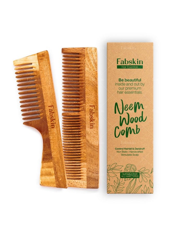 Fabskin Neem Wooden Comb For Men & Women | Set Of 2 | Detangling, Frizz Control, Shine & Styling | Graduated & Handle Comb | For All Hair Types  - Image 1