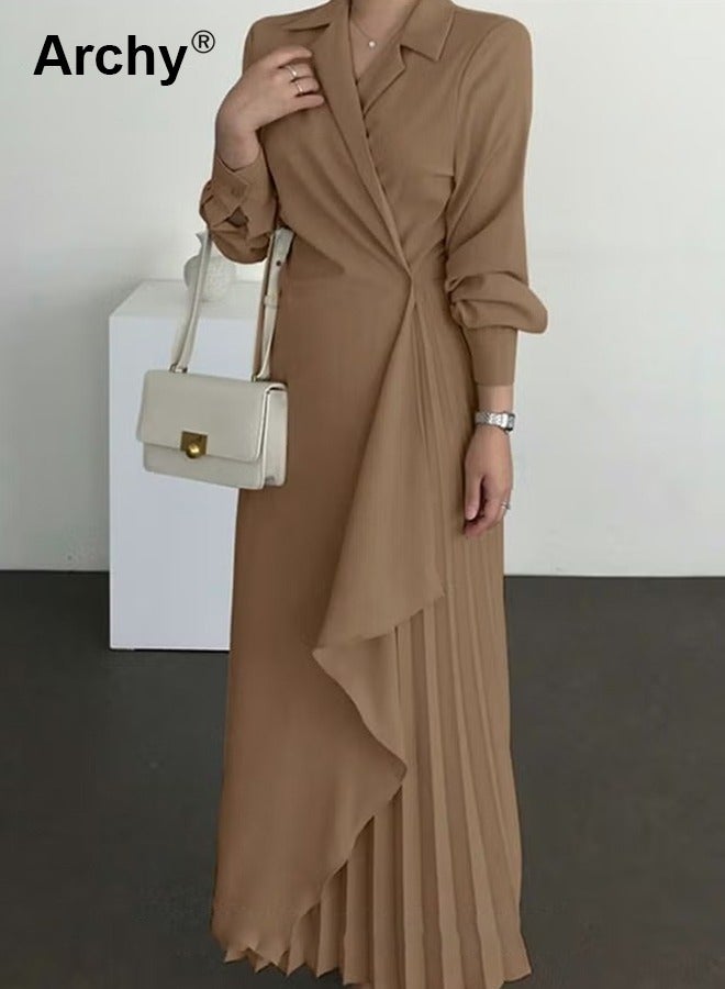 Archy Women Elegant Formal Long Sleeve Solid Color Belted Dress Casual Dress for Women - Image 1