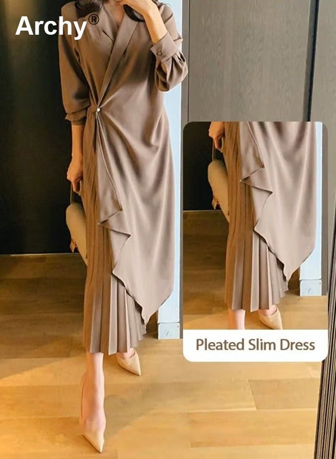 Archy Women Elegant Formal Long Sleeve Solid Color Belted Dress Casual Dress for Women - Image 3