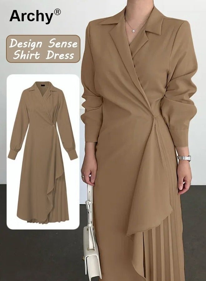 Archy Women Elegant Formal Long Sleeve Solid Color Belted Dress Casual Dress for Women - Image 2